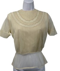 Vintage 50’s Penny Potter Sheer Blouse Micro Pleat Peplum Ivory Back Button Sz S