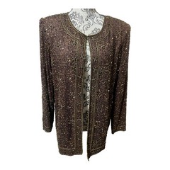 Vintage Stenay 100% Silk Beaded Sequin Jacket Women’s L Brown Formal Evening New