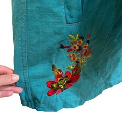 Vintage Tracy Porter Teal Cotton Canvas Floral Embroidered Boho Trench Coat L