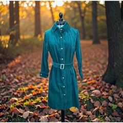 1960s Teal Corduroy Shirt Dress ATA Israel for Bamberger’s Belted Mod M