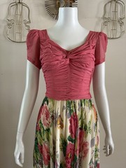 1930s 40s Rayon Crepe Dress Ruched Knot Bodice Floral Bias Skirt Talon Zip AS-IS