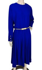 Vintage 80s Liz Claiborne Blue Pleated Gold Buttons Midi Sheath Dress Size 10P