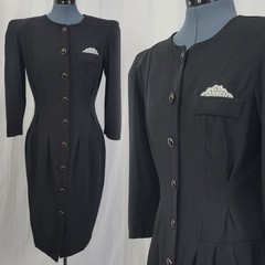 Vtg All That Jazz Black Button Down Sheath Dress w Lace Pocket Square Size 11/12