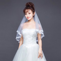 Bride Double Layered Pure White Pearl Veil Headwear Engagement Wedding Lace Veil