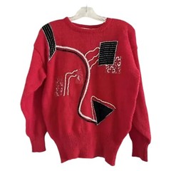 GLITZ by UNIT (Vtg)Red Knit Abstract Sequin 80s Geometric Beads Sweater-MEDIUM