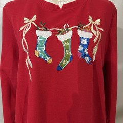 Vintage Ugly Christmas Shirt / White Stage / X-Large / Bows Stockings Embroidery