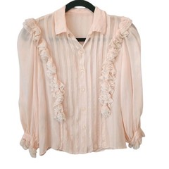 Vintage Oscar De La Renta Blouse 4 Ruffled Silk Chiffon Light Pink Lace Grandma