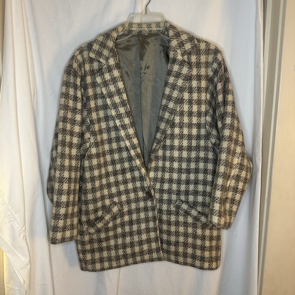 Vintage Laurie Lee Sz 10 Woo Check Gray Ivory White Blazer Jacket Overcoat Coat
