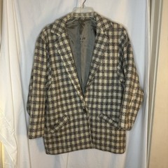 Vintage Laurie Lee Sz 10 Woo Check Gray Ivory White Blazer Jacket Overcoat Coat