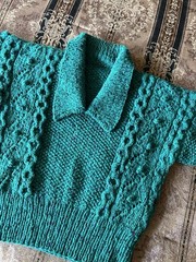 Hand knit Vintage Sweater Green Flecks Of Color Collar Thick Wool Blend M