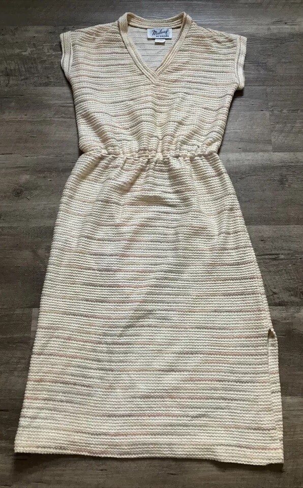 Vintage Malouf of Dallas Women Knit Midi Dress Striped V-Neck Elastic Waist Sz 8