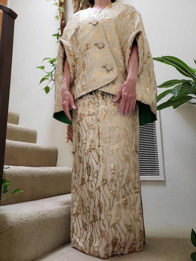 VINTAGE Mr. Blackwell 1960s Gold Brocade Evening Gown & Jacket, Size 10