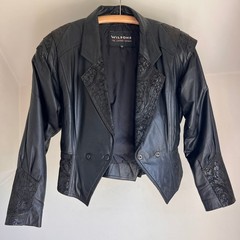 Vintage 80s Leather Jacket Black Avant Garde Cropped Biker Goth Embossed Large