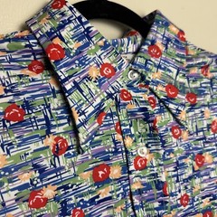 Vintage 1970s Blue Red Green Purple Floral Abstract Patterned Shirt Sleeve Top