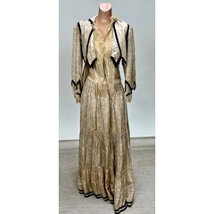 Antique Victorian Beige Printed Silk Two Piece Set Velvet Trim Net Lace Smocking