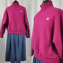 Vtg Champion Magenta Reverse Weave Mock Turtleneck Sweatshirt Chest Logo Size L