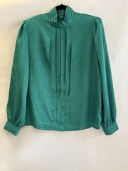 VTG Green Blouse, Faint Pattern. Made In Korea. 100% Polyester But Feels Silky