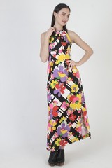 Vtg White Cotton Sundress Barkcloth Hawaiian Open Back Tiki Luau Maxi Dress