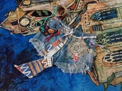 Vtg FRINGE CROCHET REWORKED ART TO WEAR DENIM SHORTS PATCHWORK BOHO HIPPY S