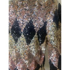 Vintage Harlequin Sequin Top Gold Bronze Black Diamond Pattern Evening Blouse