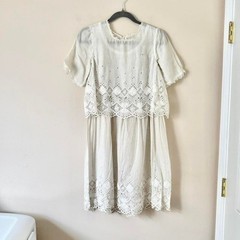 Edwardian eyelet lace short day dress tea lawn AS IS – XS antique cotton