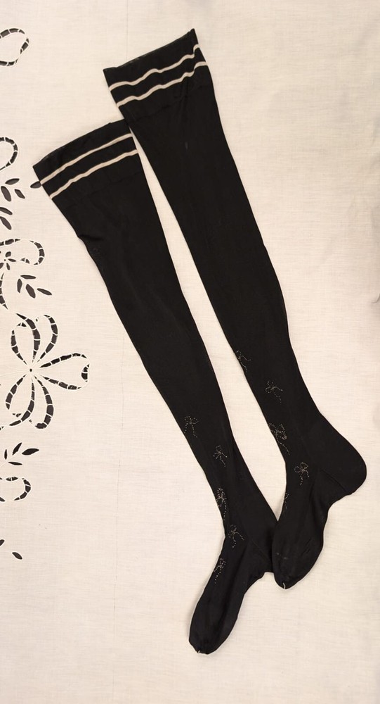 VICTORIAN 19TH C BLACK SILK STOCKINGS W SWEET BEADED BOW DESIGNS