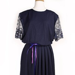 Vintage 80s Dress Padded Shoulder Elastic Waist Lace Sleeves Blue Sz 18 -Hey Viv