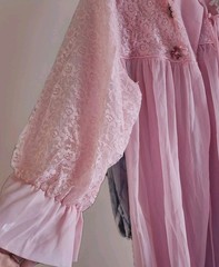 Vintage 1960s GMc Pink Peignoir Babydoll Set Lined Lace Sleeve Rosette ILGWU SML