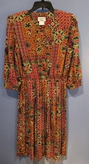 XL Petite Vintage Dress, Pleated Long Secretary Lady Carol Petites, Tan Floral