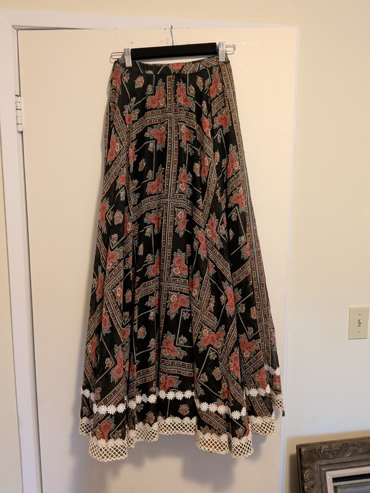 Vintage 70s Gunne Style Black Floral Maxi Stevie Style 40 In Long Tall 25 Waist