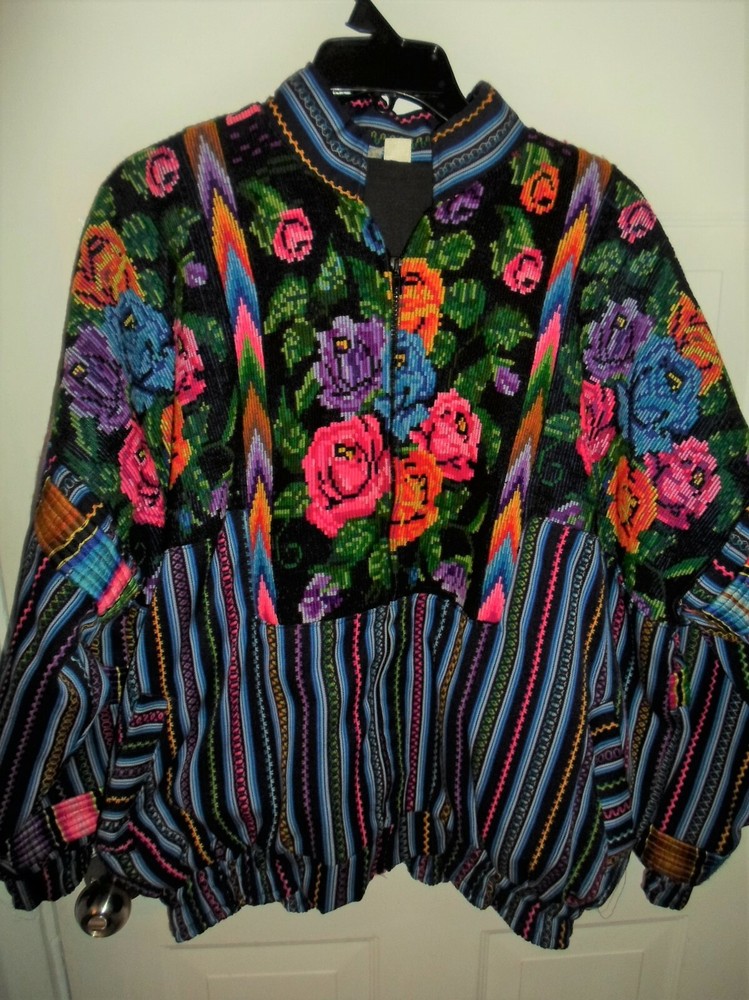 Casa Maya Embroider Zip Guatemala Blanket Jacket Nehru Collar Blu/Blk/Fuchsia