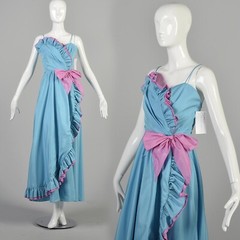 1980s XS Vintage Prom Dress Ruffle Bow Sweetheart Formal Dress Cotton Candy Gown