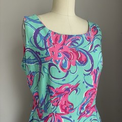Mod Vintage 1960’s Retro Aqua w/ Hot Pink Floral Print Ruffled Hem Sun Dress M