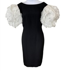 Victor Costa VTG 1980s Designer Black Cocktail Dress 3D Petal Puff Sleeves Sz 8