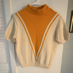 Vintage Kandel 100% Wool Knit Short Sleeve Mock Neck Sweater Cream Orange 40