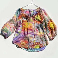 Vintage Kay Celine Top Sz S Colorful Abstract Floral Tunic Sheer Bell Artsy Boho