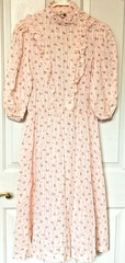 Vtg 70s Sears Pink Prairie Dress Floral Button Front Ruffled High Collar Small