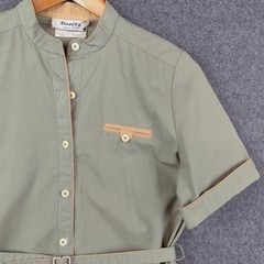 VTG Dereta Shirt Olive Tan Belted Short Sleeve England Blouse Military Medium