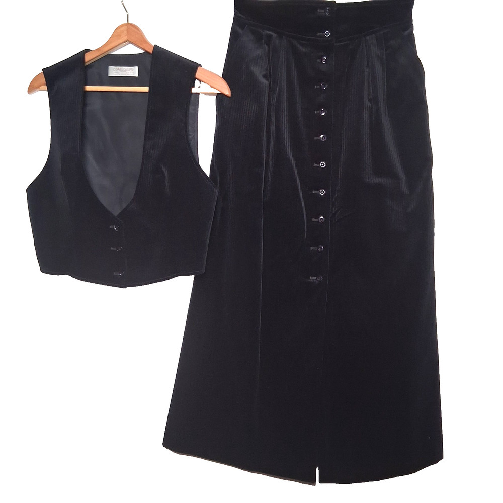 Vintage 1960s Jaeger Skirt And Vest Set Outfit Size 14 Black Velvet Herringbone