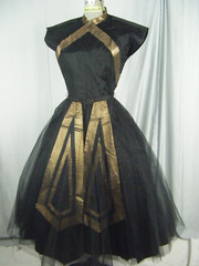 DARYL Vtg 50-60s Black Metallic Gold Cap Sleeve Full Tulle Dress-Bust 35/2XS-XS