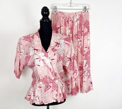 True Vintage ‘Miss Oops’ Two Piece Skirt and Top Set Hawaiian Floral Dress 80s
