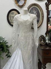 80s 90s Vintage Wedding Dress Two Piece Gown Size 8 Ivory Satin Lace Long Sleeve
