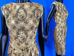 Vintage 1950s Paisley Gold Silk Damask Brocade Beaded Belted Sheath Wiggle Dress