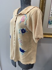 Jantzen Petites Ramie Cotton Hand Embroidered Sweater Top-Peach Beige VTG 1980s