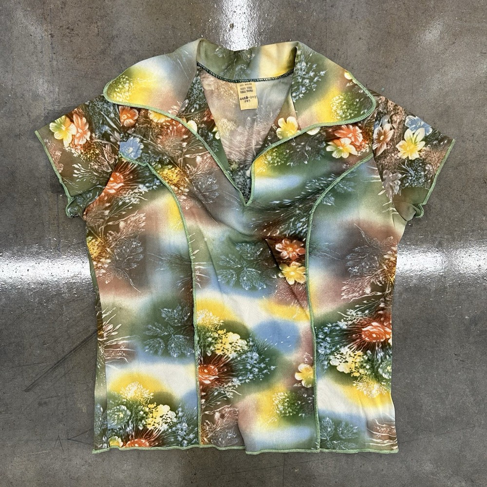 Vintage 1970s Floral Acetate Nylon Pullover Blouse Short Sleeve Medium