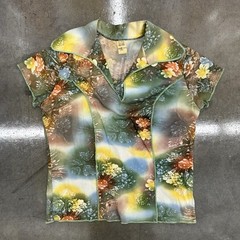 Vintage 1970s Floral Acetate Nylon Pullover Blouse Short Sleeve Medium