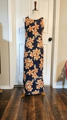 Vintage Pineapple Moon Silk Blue Orange Hawaiian Floral Maxi Dress Size Medium