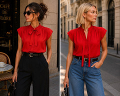 Vintage 80s Red Swiss Dot Bow Blouse Paris Chic Office Siren classic Top S M L