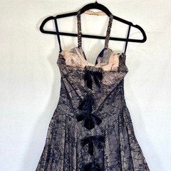Vintage 1950s Navy Pink Floral Net Lace Tulle Halter Party Dress Velvet Bows