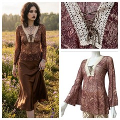 Vtg 90s Bisou Bisou Paisley Lace Bell Sleeve Top Boho S Whitchy Whimsygoth USA